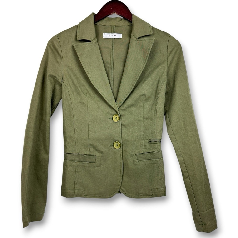 Zara TRF Blazer Small Olive Green Notch Lapel Single-Breasted Jacket Cotton Blnd